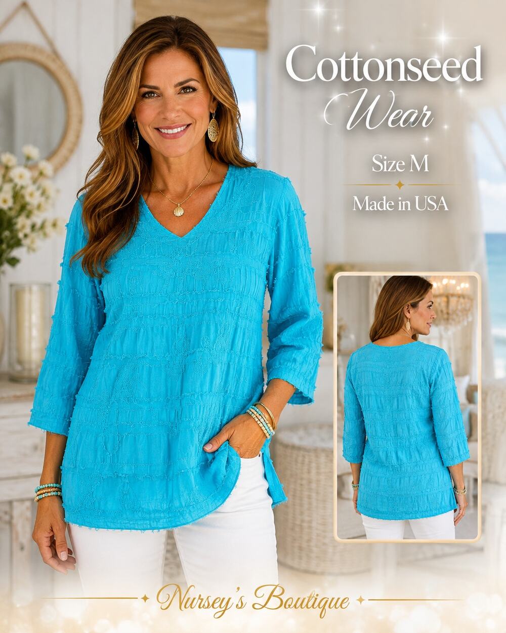 Cottonseed Wear M Turquoise Embroidered Cotton Tunic Made USA Boho
